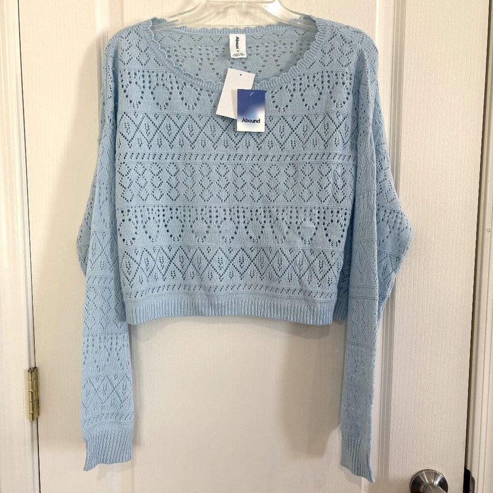 Abound Pointelle Crochet Crop Sweater Long Sleeve Top Light Blue Size XL NEW